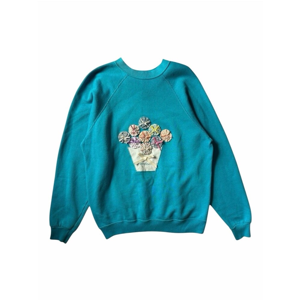 Vintage Tultex Super Sweats Sweatshirt L Teal Floral Applique Made USA 90s